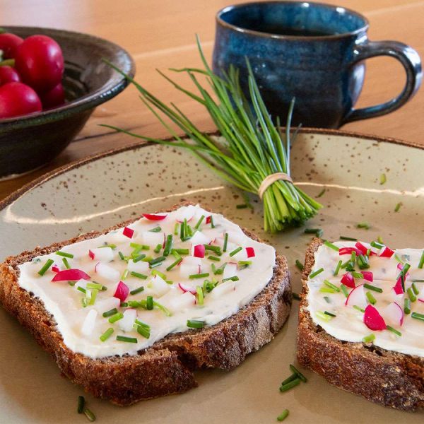 Zwei Scheiben Roggenvollkornbrot mit Frischkäse, gehackten Radieschen und Schnittlauch liegen auf einem Teller mit zusätzlichem Schnittlauch. Im Hintergrund stehen eine blaue Tasse Kaffee und eine Schale Radieschen.
