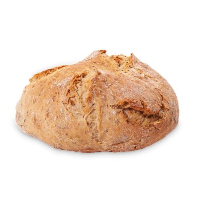 Ein runder, knuspriger Laib rustikales Rauchbrot mit goldbrauner Oberfläche.