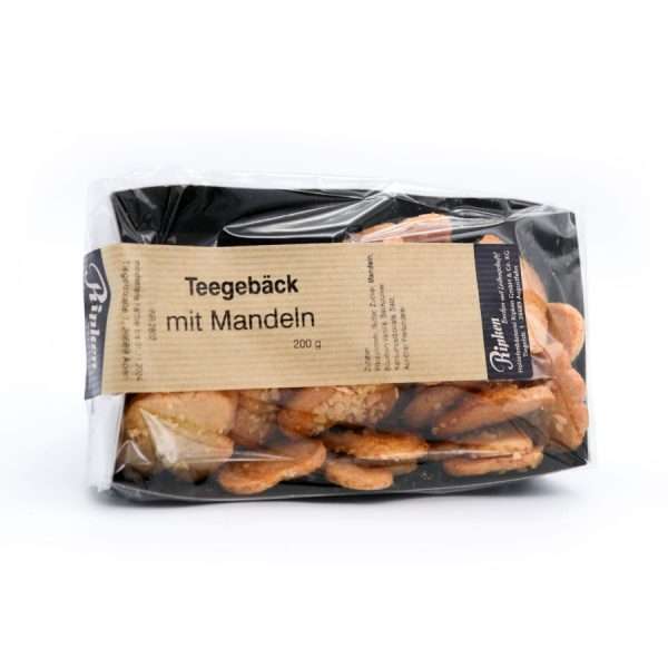 Eine 200-g-Packung Teegebäck mit Mandeln, präsentiert in einer transparenten Verpackung.