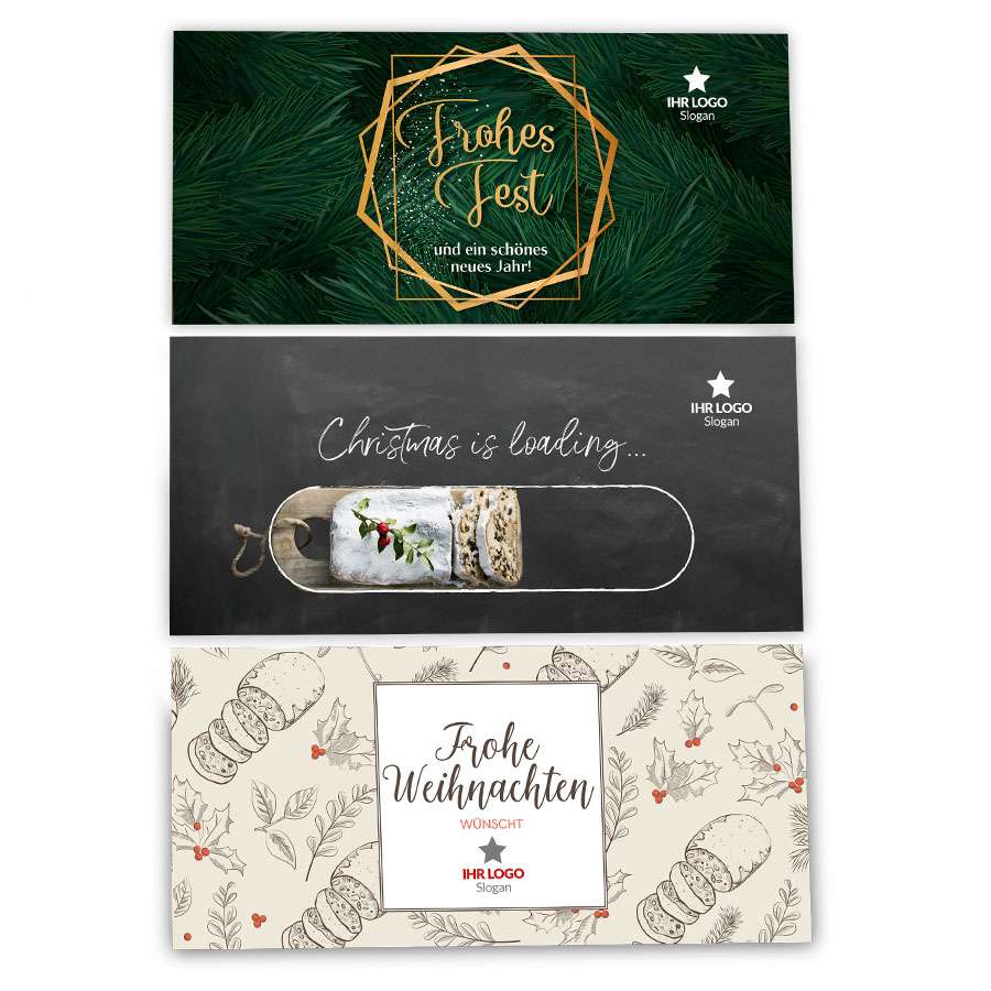 Zu den drei festlichen Karten, die sich ideal als Firmengeschenke zu Weihnachten eignen, gehören: eine Karte mit grünen Tannennadeln und goldenem Text „Frohes Fest“, eine Karte mit Holzofenstollen-Motiv „Christmas is Loading...“ und eine beige Karte mit Schneeflocken und deutschem Text.
