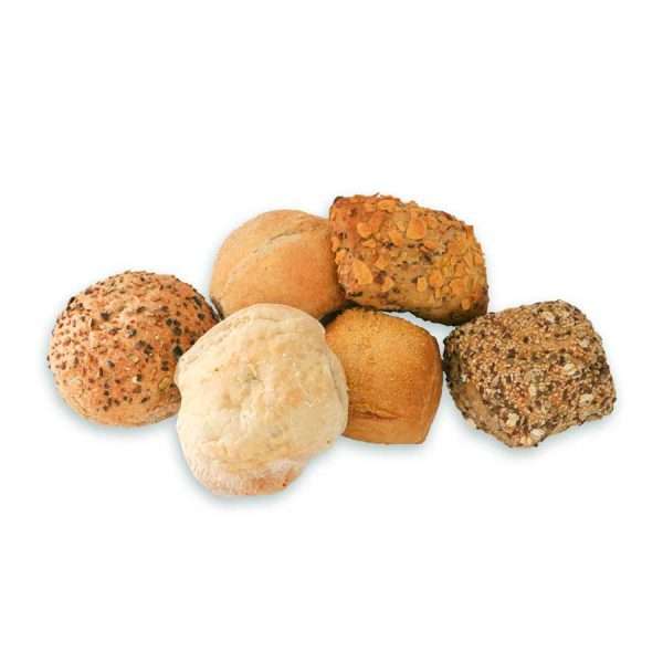 Eine Auswahl von sechs verschiedenen Brötchen auf weißem Hintergrund.